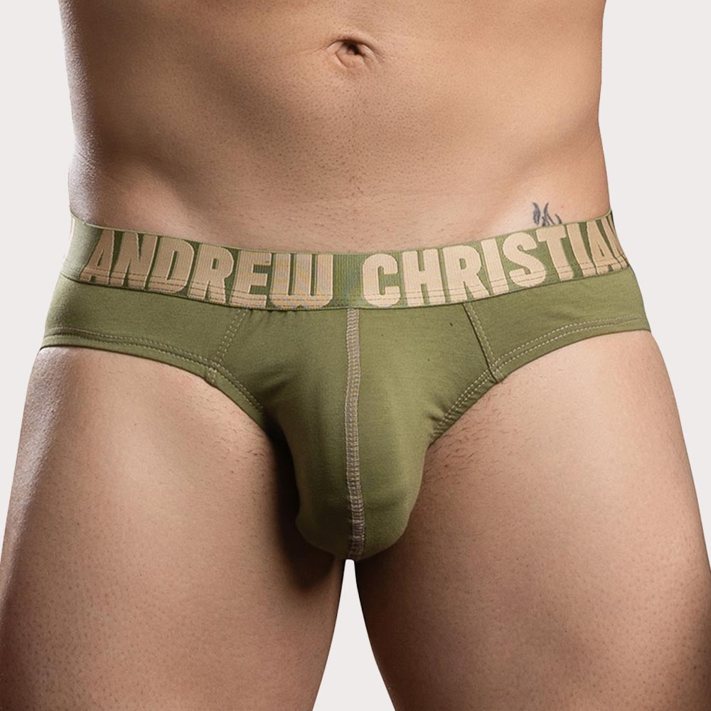 Andrew Christian Happy Cotton Brief - figurbetonter Herren Slip mit Almost Naked Pouch in khaki