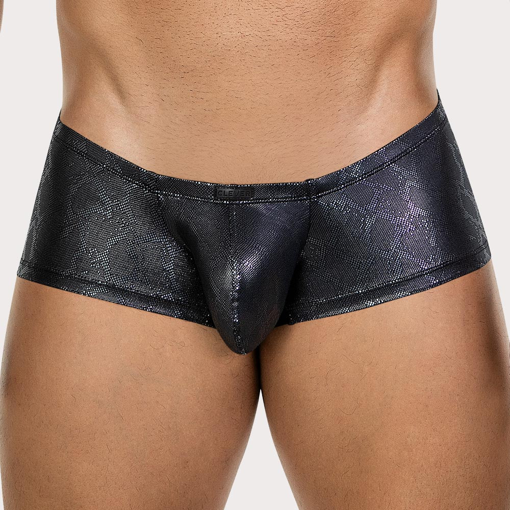 Clever Atlas Latin Trunks - Low Rise Boxershorts mit schwarzem Schlangenhaut-Muster und ergonomischem Pouch.