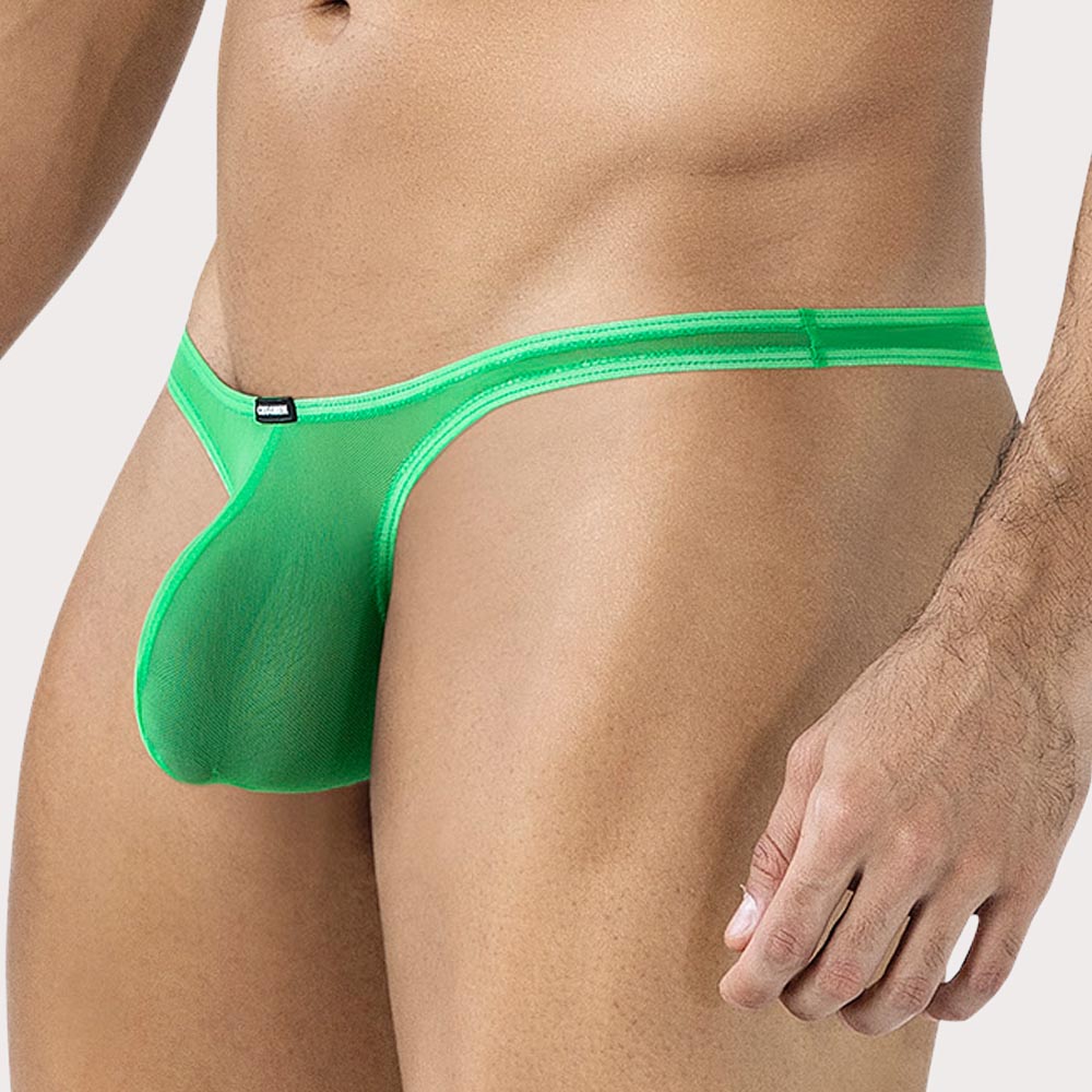 Cut4Men Sp4ndex Glow Bulge Plus Mesh Thong - knapper Männer String mit großzügigem Pouch aus durchsichtigem Material in grün