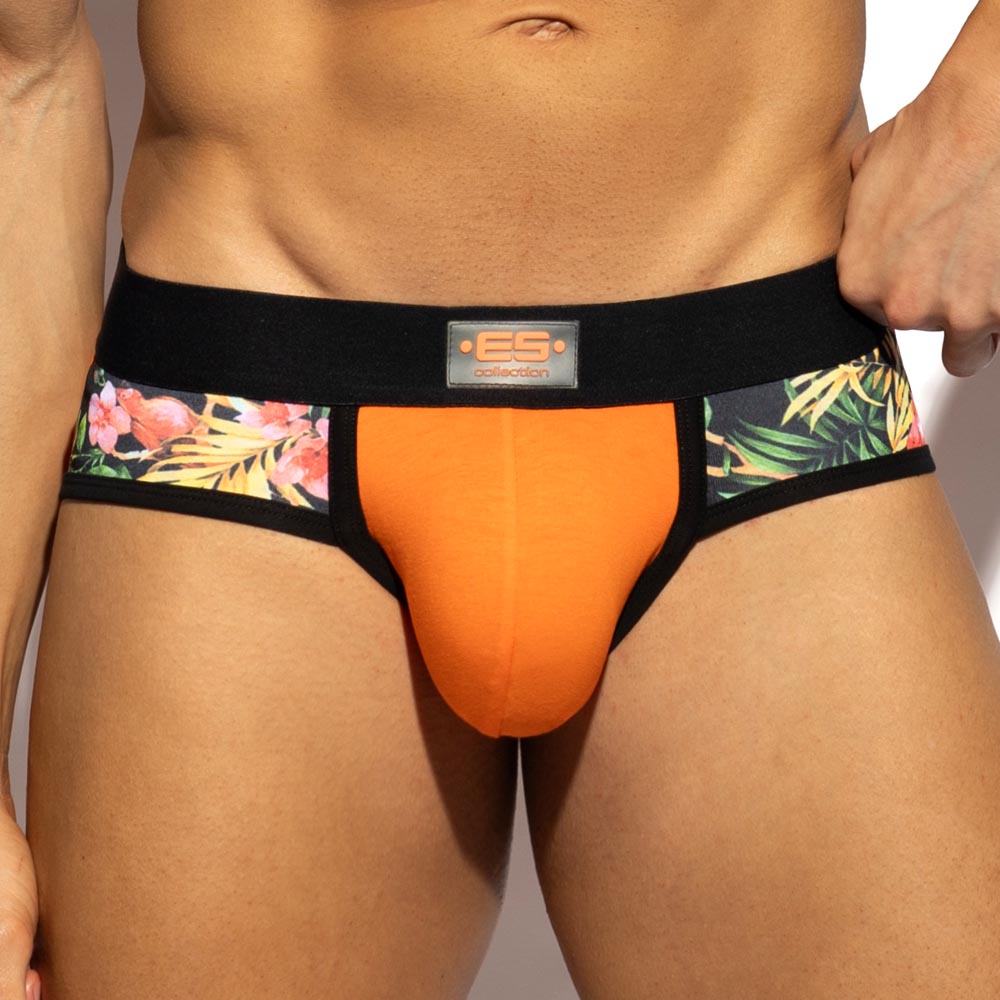 ES Collection Flowery Panel Brief - schwarzer Herren Slip mit floralem Print und orangem Pouch