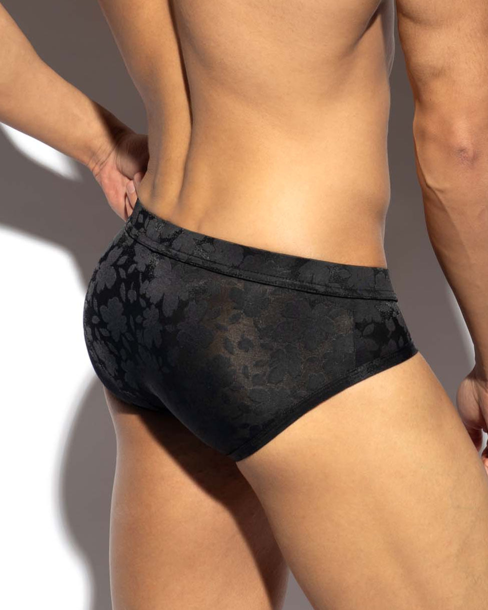 ES Collection See Through Flowers Brief - Sexy Herren Slip in schwarz mit floralem Design aus durchsichtigem Material, back
