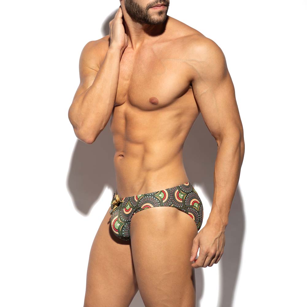ES Collection Peacock Print Swim Brief - Herren Badeslip mit stylischem Print und ergonomischer Passform in khaki, full