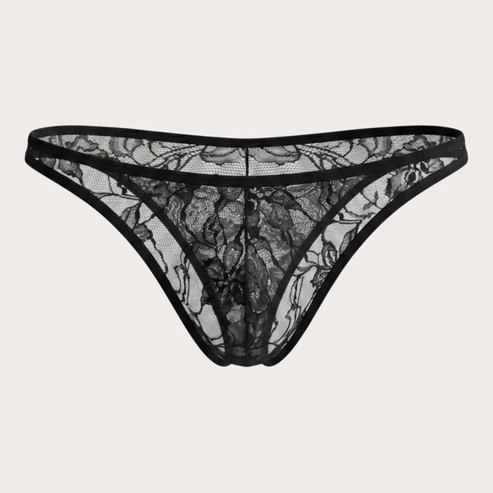 Intymen Temptation Bikini – Knapper Low-Rise Minislip für Männer aus transparenter Spitze mit verführerischem Blumenmuster in schwarz, detail