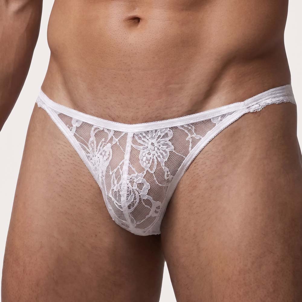 Intymen Temptation Bikini – Knapper Low-Rise Minislip für Männer aus transparenter Spitze mit verführerischem Blumenmuster in weiß