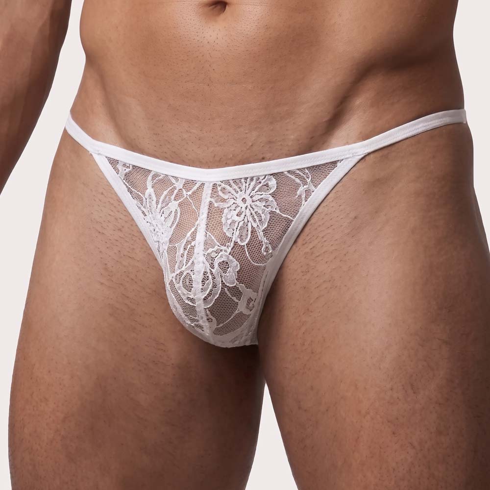 Intymen Temptation Thong – Knapper String-Tanga für Männer aus transparenter Spitze mit verführerischem Blumenmuster in weiß