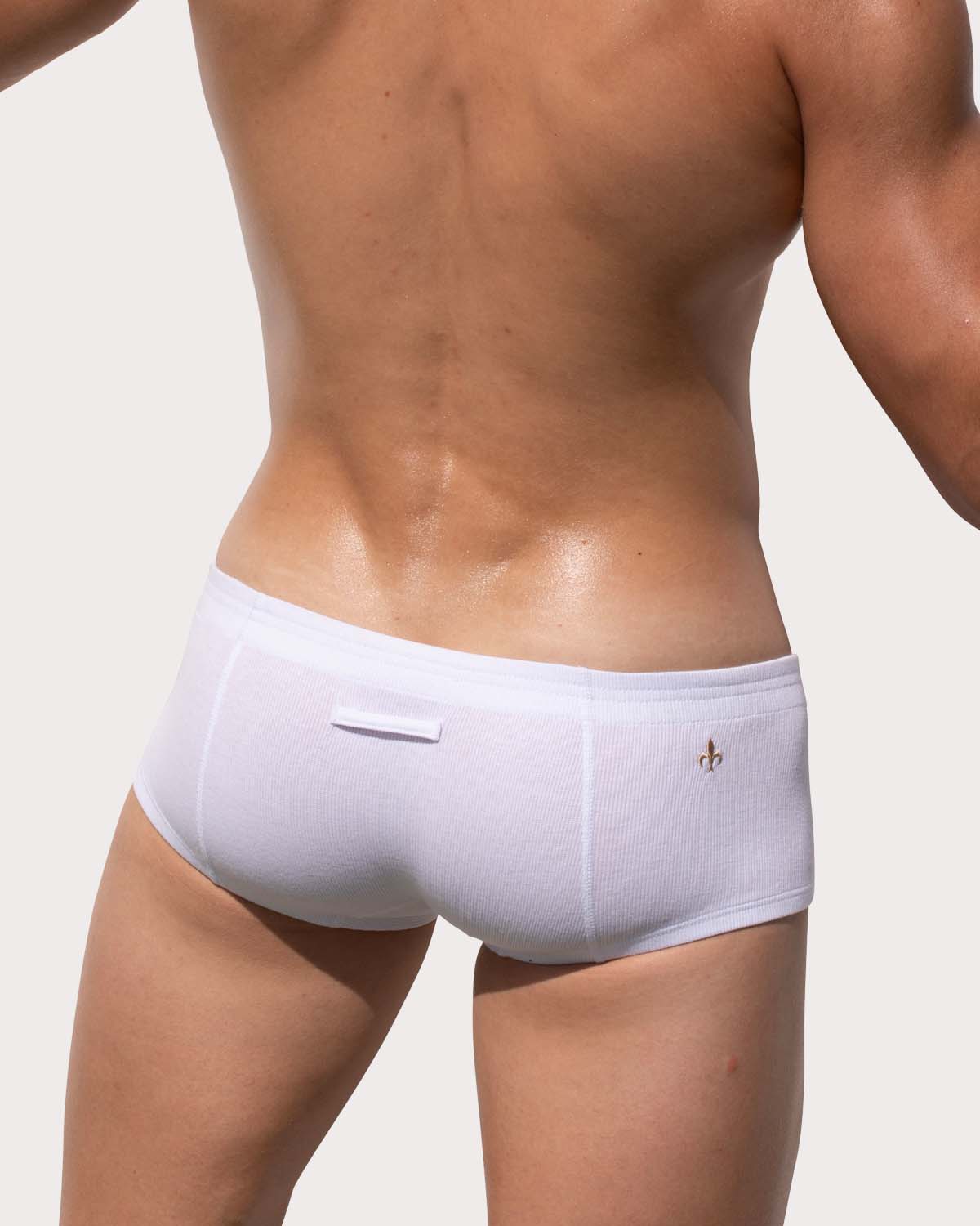 Marcuse Waterboy Boxer - sexy Low-Rise Mini Pants mit Knopf-Eingriff, weiß, back