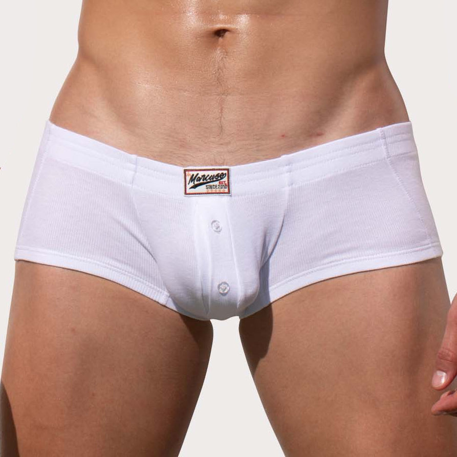 Marcuse Waterboy Boxer - sexy Low-Rise Mini Pants mit Knopf-Eingriff, weiß, front