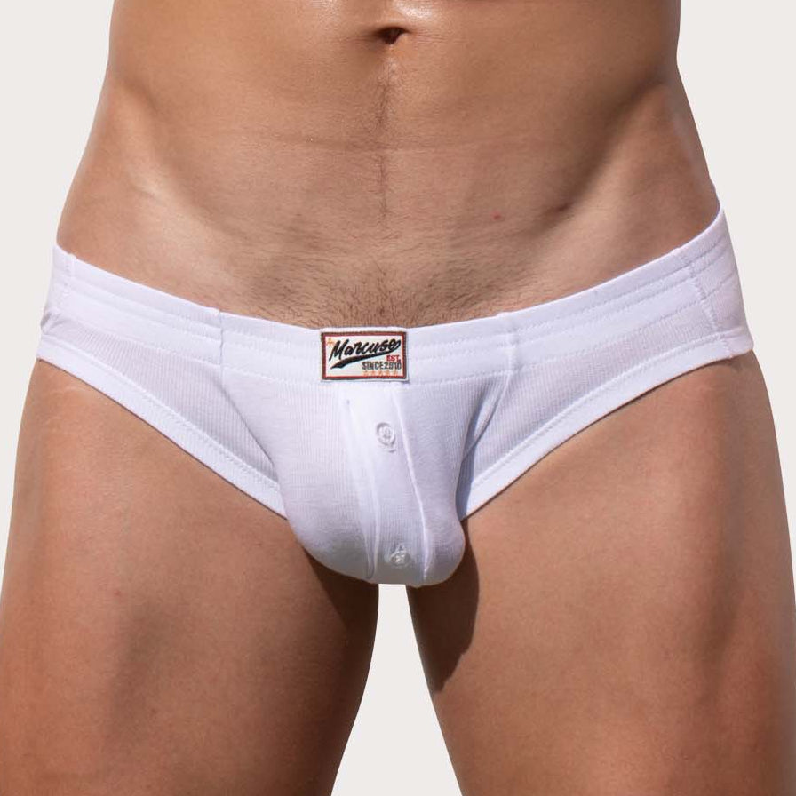 Marcuse Waterboy Brief - Sexy Low-Rise Slip für Männer mit Knopf-Eingriff, weiß