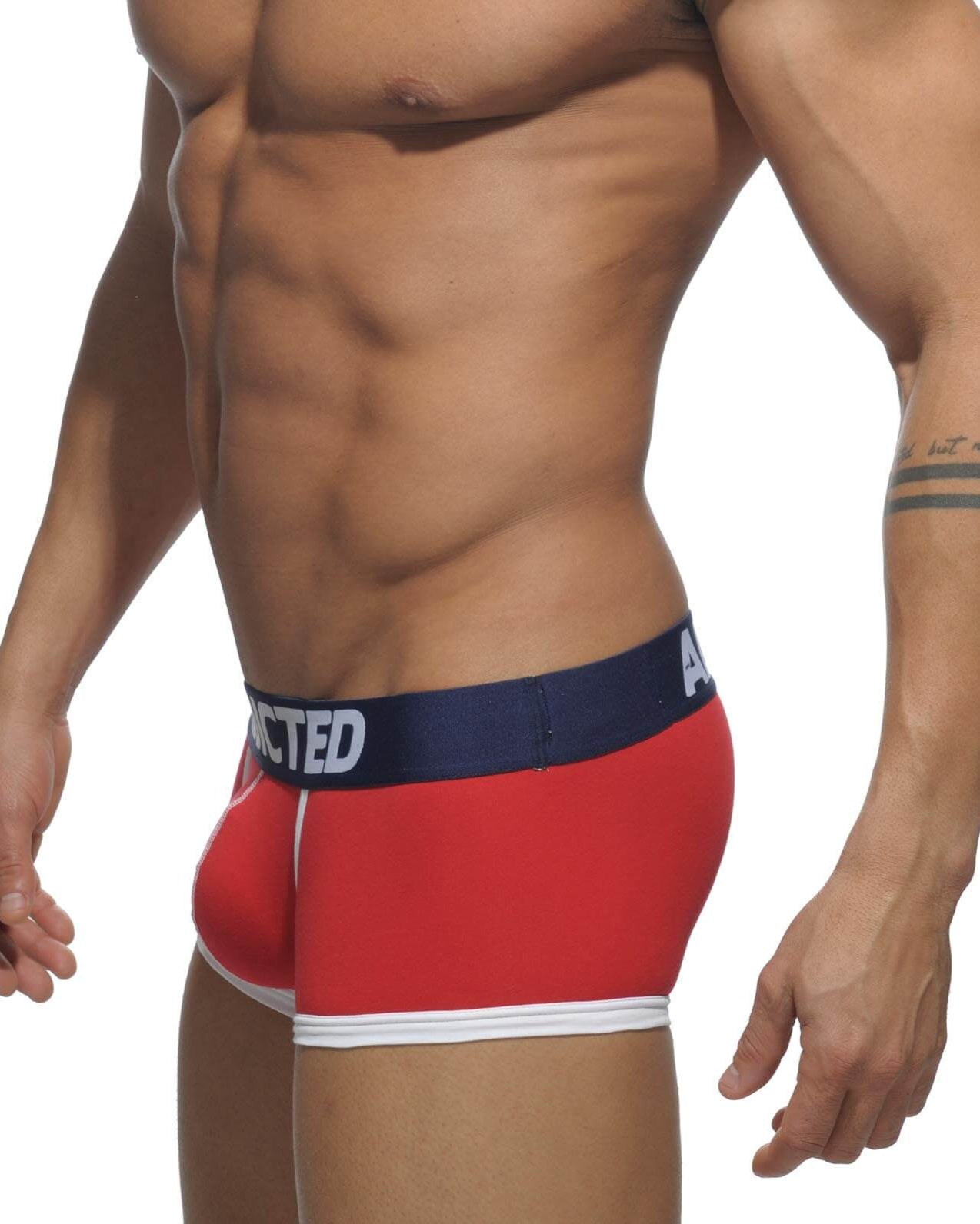 rote Basic Boxershorts von Addicted Underwear mit blauem Bund, Seitenansicht