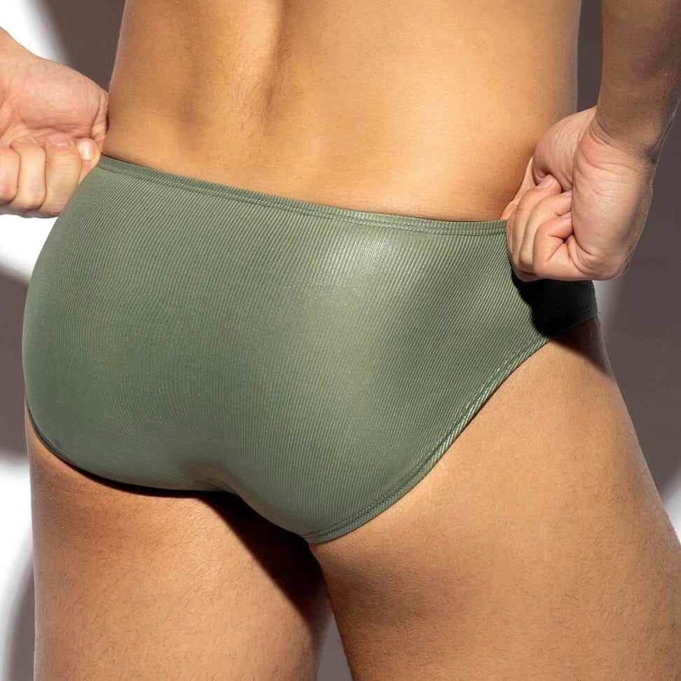 glänzender Herren Mini Slip 'SHINY RIB Bikini' von ES Collection in khaki, Rückansicht