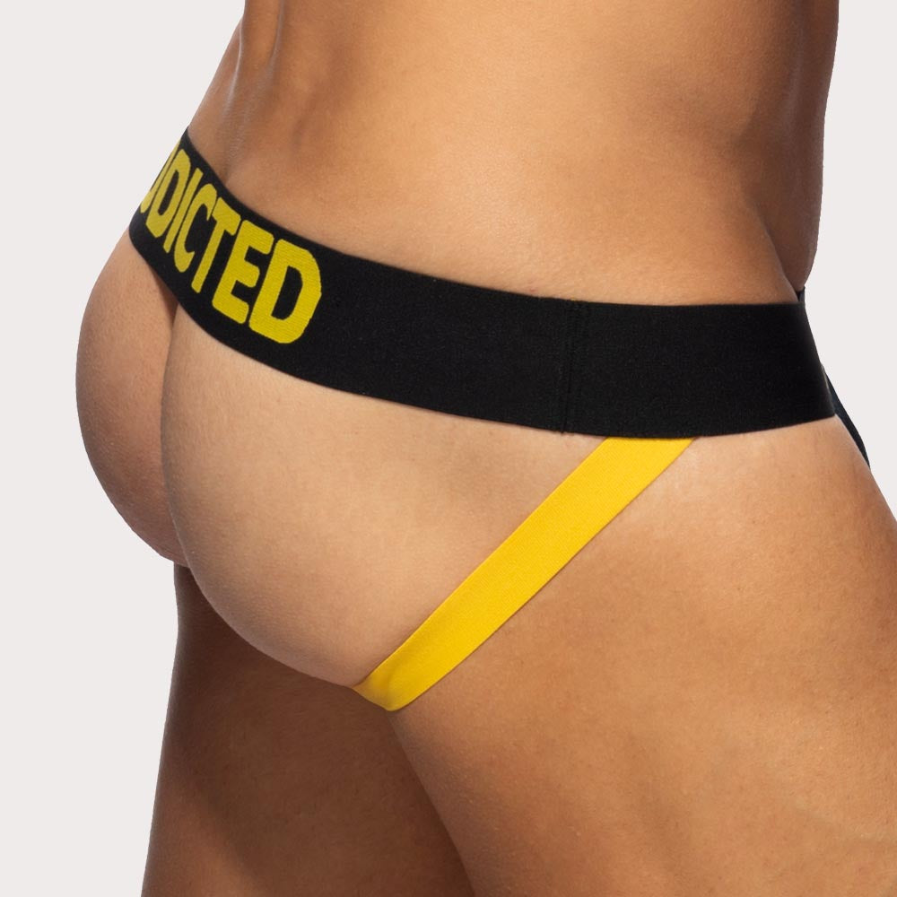 Addicted Fetish Cotton Jock – Herren Jockstrap aus weicher Baumwolle im Low-Rise Fit in schwarz-gelb, back