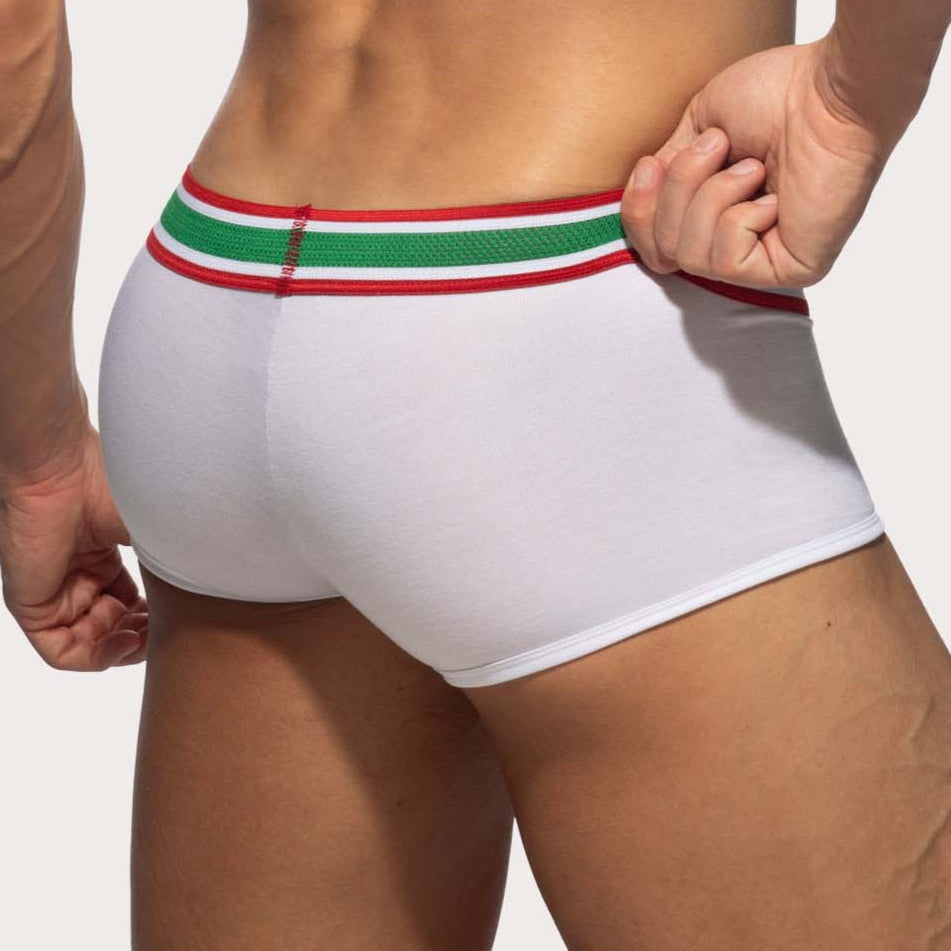 Addicted Super Soft Trunk - Auffällige Boxershorts für Männer mit großzügigem Pouch und Racing Streifen am Bund in weiß, back