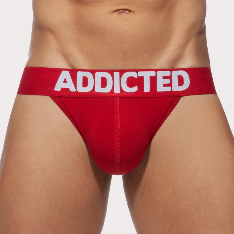 Addicted My Basic Jock - sportlicher Herren Jockstrap für jeden Tag in rot mit weißen Straps, front