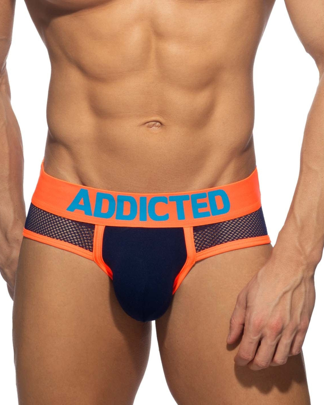 Addicted Neon Mesh Brief - auffälliger Männer Slip mit Mesh Elementen, navy-orange, front