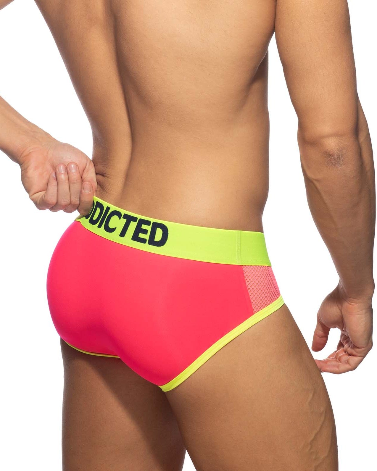Addicted Neon Mesh Brief - auffälliger Männer Slip mit Mesh Elementen, neonpink-gelb, back