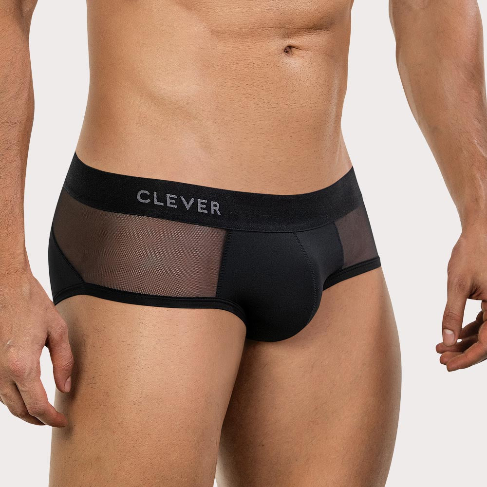 Clever Tanatos Brief - schwarzer Herren Slip aus Mikrofaser mit Mesh Einsätzen und Cut-Out an der Rückseite, side