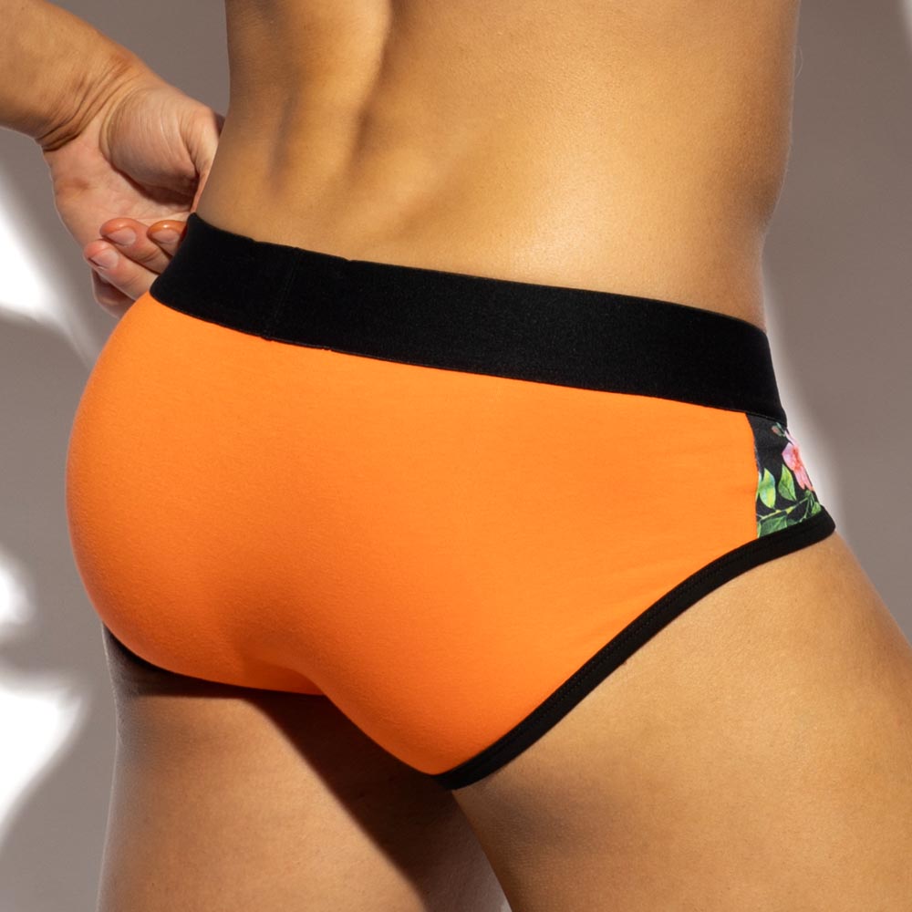 ES Collection Flowery Panel Brief - schwarzer Herren Slip mit floralem Print und orangem Pouch, back