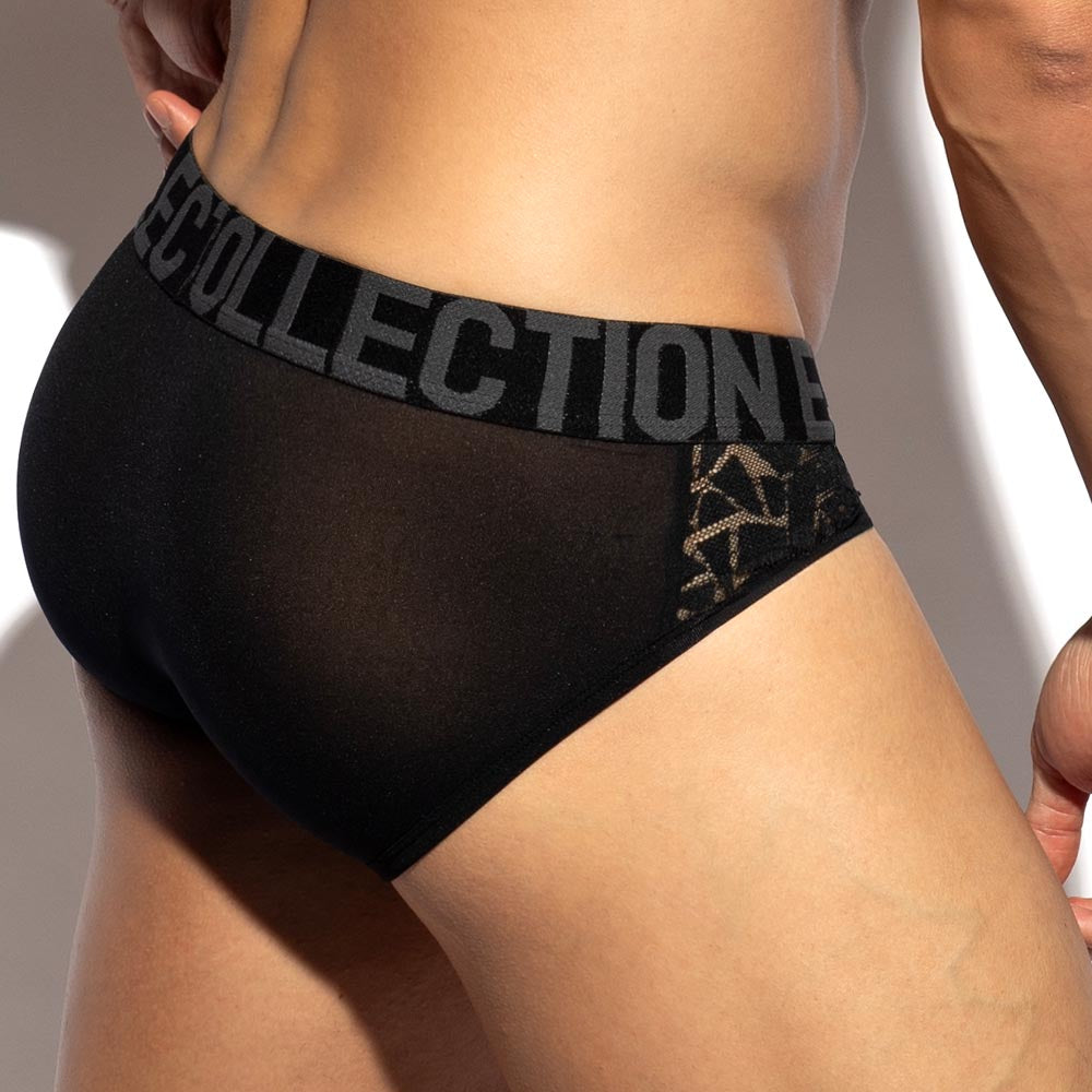 ES Collection Spider Sexy Brief - Herren Slip mit eleganter Spitzenoptik im Low-Rise Fit mit bestem Tragekomfort in schwarz, back
