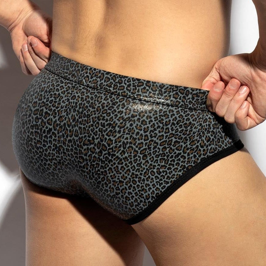 ES Collection Shiny Leopard Print Brief - ausgefallener Herren Slip mit glänzendem Leopardenmuster-Print , back
