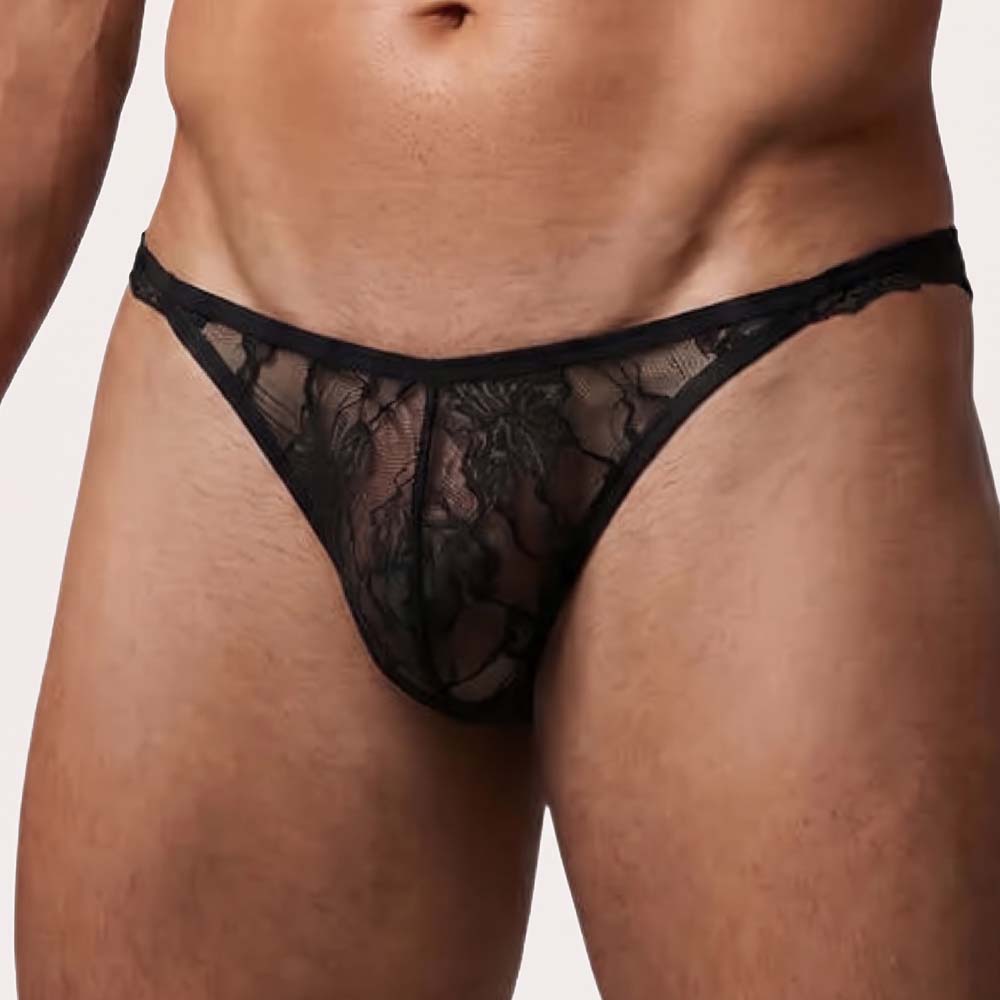 Intymen Temptation Bikini – Knapper Low-Rise Minislip für Männer aus transparenter Spitze mit verführerischem Blumenmuster in schwarz