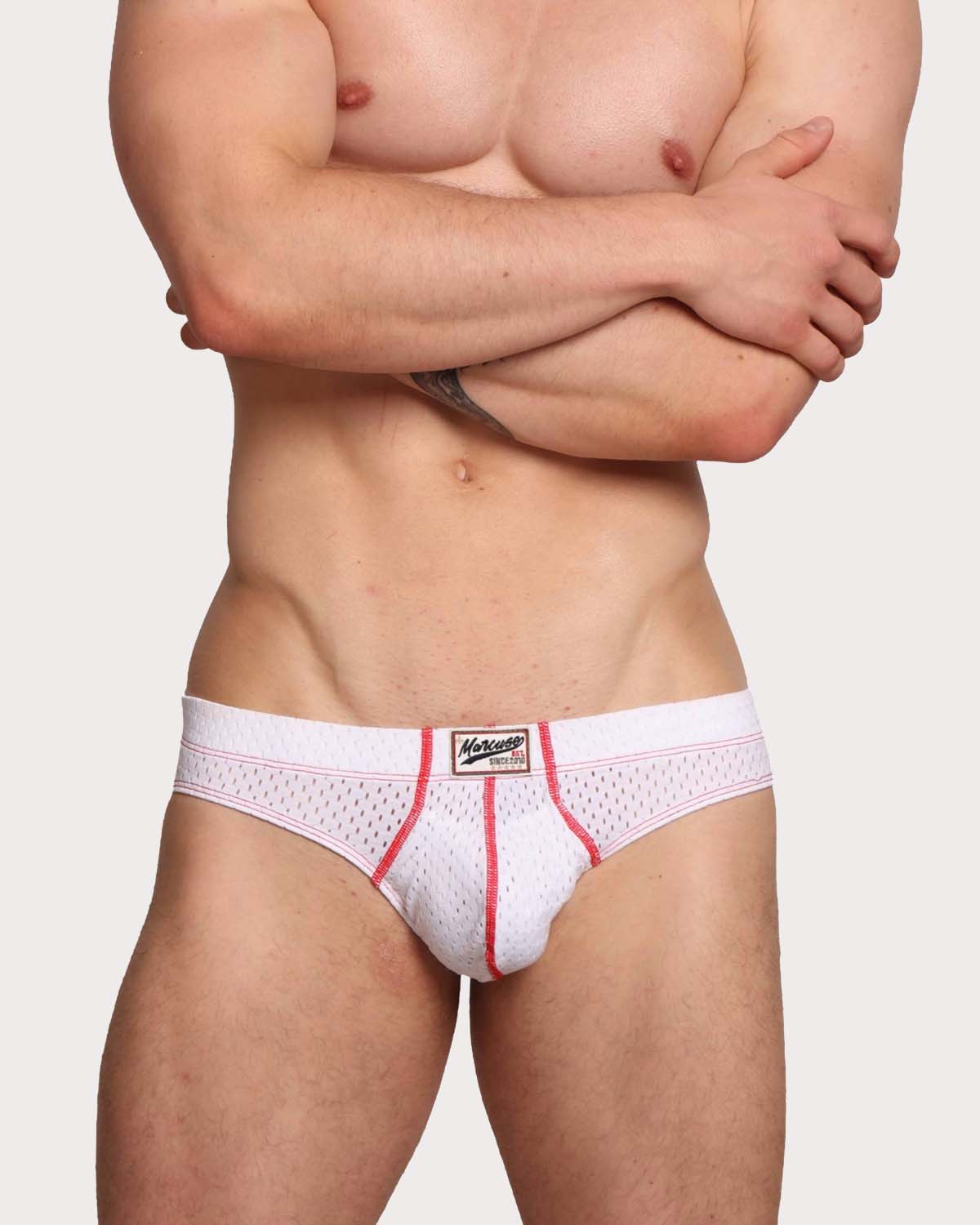 Marcuse Bussine Brief - Männer Slip aus atmungsaktivem Mesh mit herausnehmbarer Push-Up Einlage in weiß