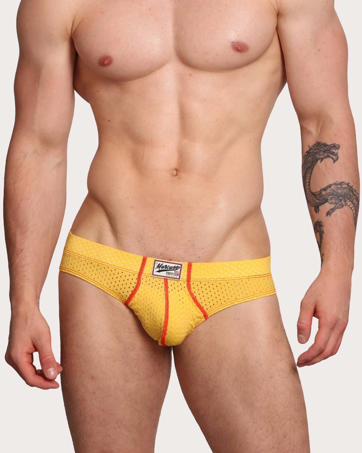 Marcuse Bussine Brief - Männer Slip aus atmungsaktivem Mesh mit herausnehmbarer Push-Up Einlage in gelb
