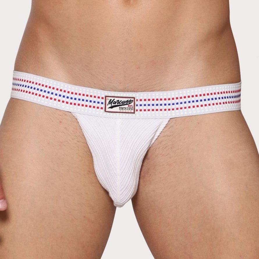 Marcuse Uomo Jock - weißer Herren Jockstrap mit gummiertem Bund, front