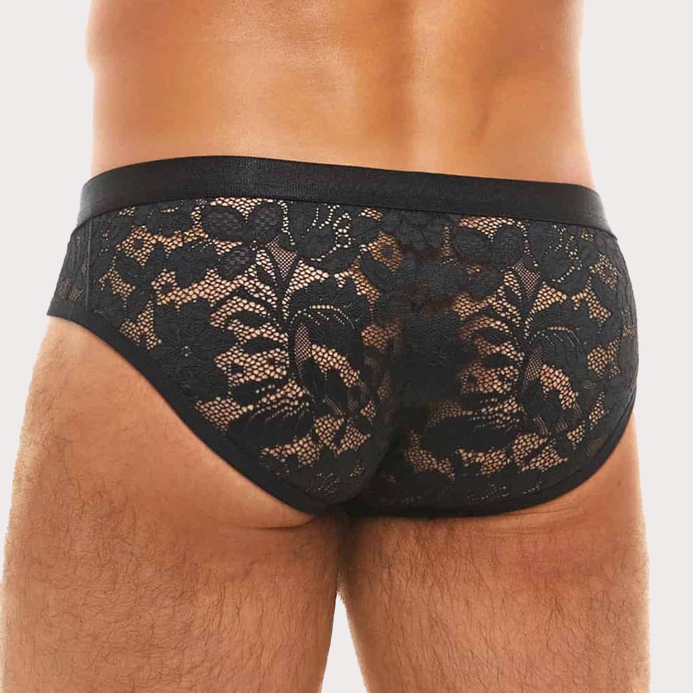 Modus Vivendi Floral Lace Brief - semi-transparenter Männer Slip aus Spitze mit floralem Muster in schwarz, back