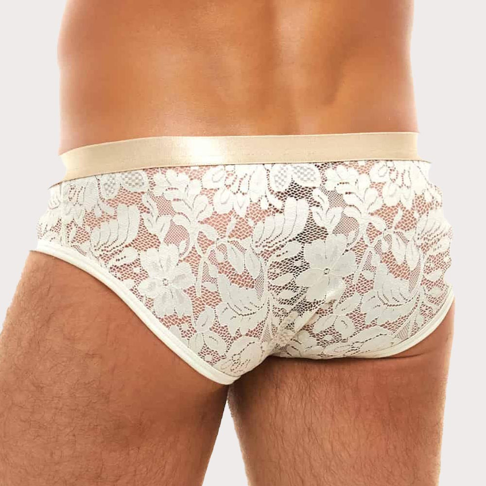 Modus Vivendi Floral Lace Brief - semi-transparenter Männer Slip aus Spitze mit floralem Muster in beige, back