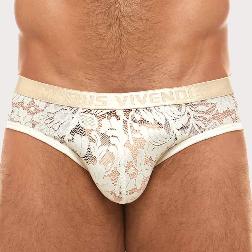 Modus Vivendi Floral Lace Brief - semi-transparenter Männer Slip aus Spitze mit floralem Muster in beige