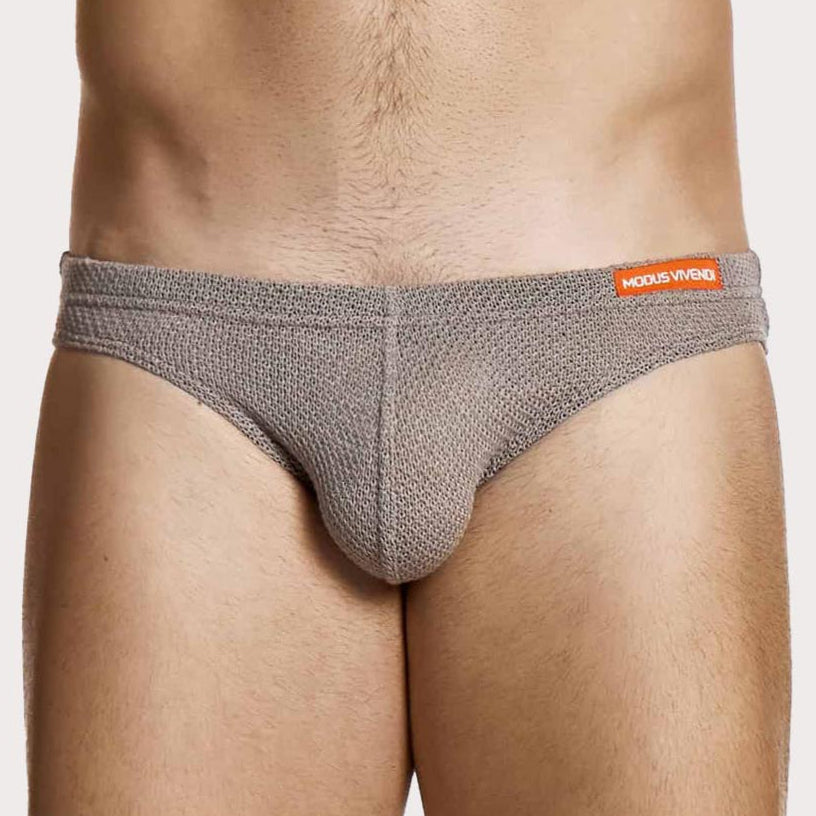 Modus Vivendi Micro Knit Brief - Herren Slip aus edlem Strickstoff in braun mit orangem Logo Badge