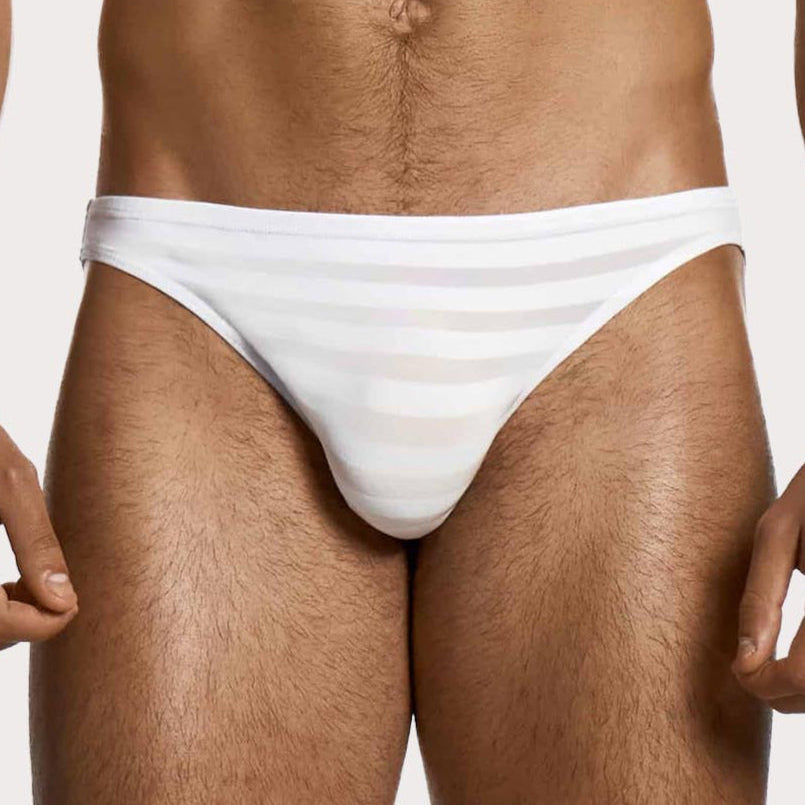 Modus Vivendi Athletic Low Cut Brief - Knapper Slip für Männer mit gestreiftem Muster in weiß, front