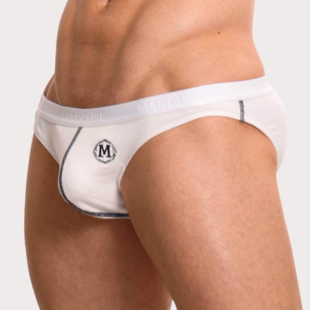 Marcuse Classique Slip – super Low-Rise Slip für Herren aus weichem Feinripp-Gewebe mit Double Layer Pouch in weiß