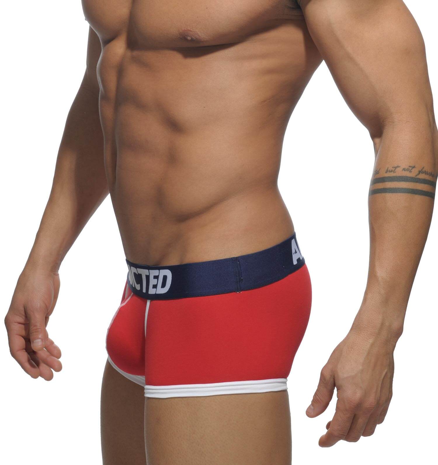 rote Basic Boxershorts von Addicted Underwear mit blauem Bund, Seitenansicht