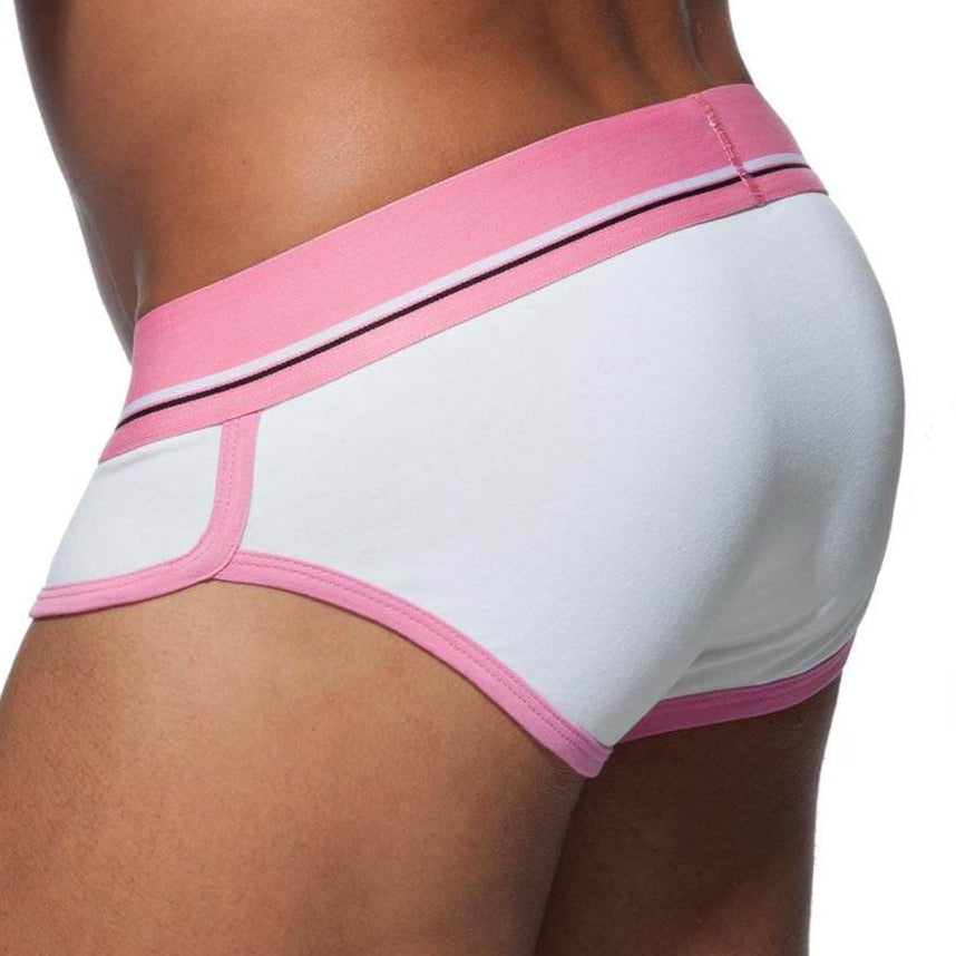 Stylischer Herren Slip in weiß mit rosa Kontrasten  'CURVE BRIEF' aus der Addicted Underwear Kollektion, Rückansicht