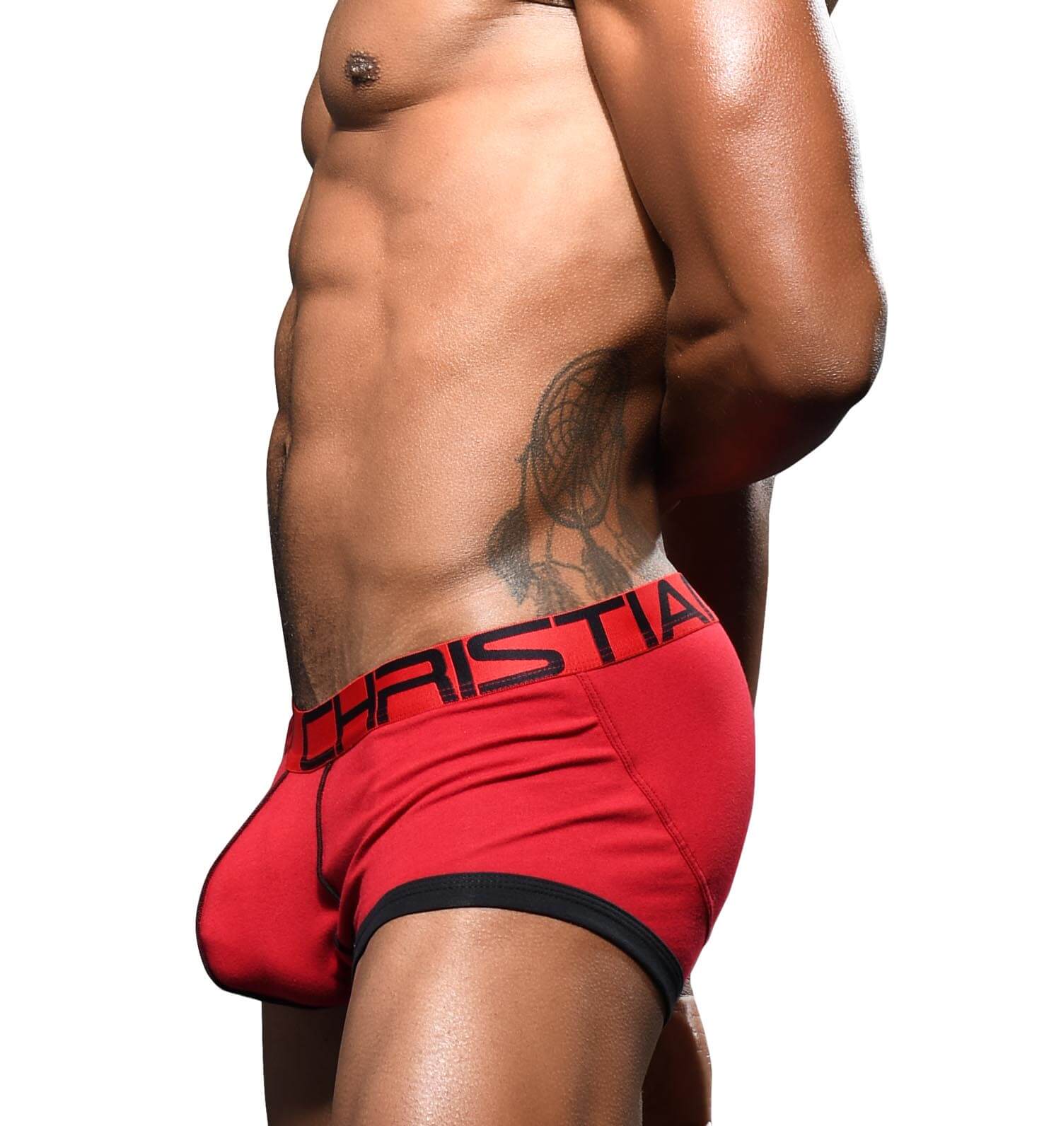 rote Andrew Christian 'FLASHLIFT' Boxershorts mit doppelter Push-Up Funktion, Seitenansicht
