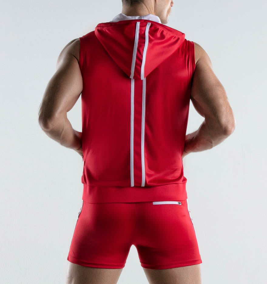 ärmelloser Zip Hoodie in knalligem rot aus der Code 22 Impulse Sportswear Kollektion, Rückansicht