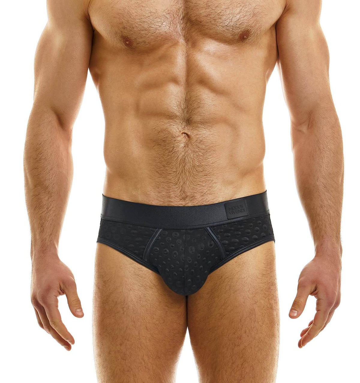 Schwarzer Jockstrap aus der Embossed Dot Kollektion von Modus Vivendi Underwear, Frontansicht